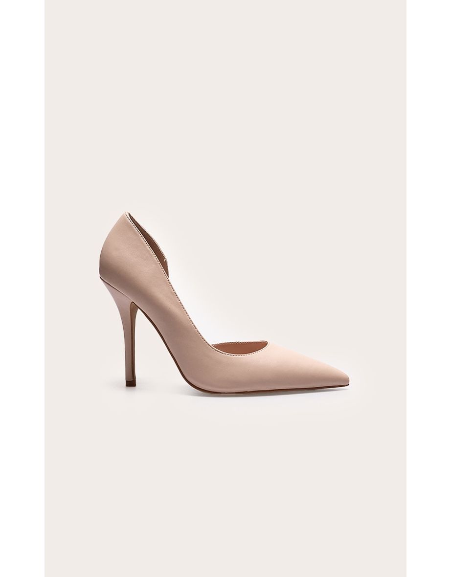 Nude Pu Point Toe Curved Cut Out High Heel Courts