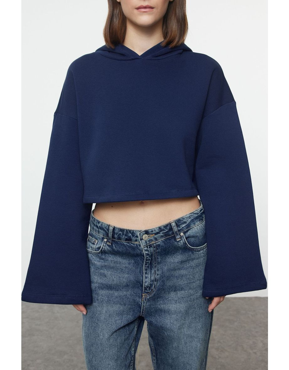 Navy Blue Thick Fleece Inside Relaxed Cut Crop Spanish Sleeve Hooded Knitted Sweatshirt - 4