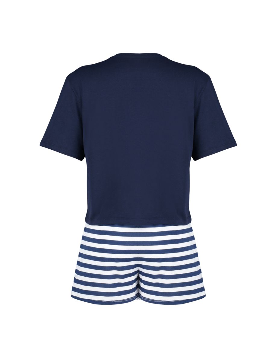 Navy Blue 100% Cotton Teddy Bear Printed Tshirt-Shorts Knitted Pajamas Set - 7