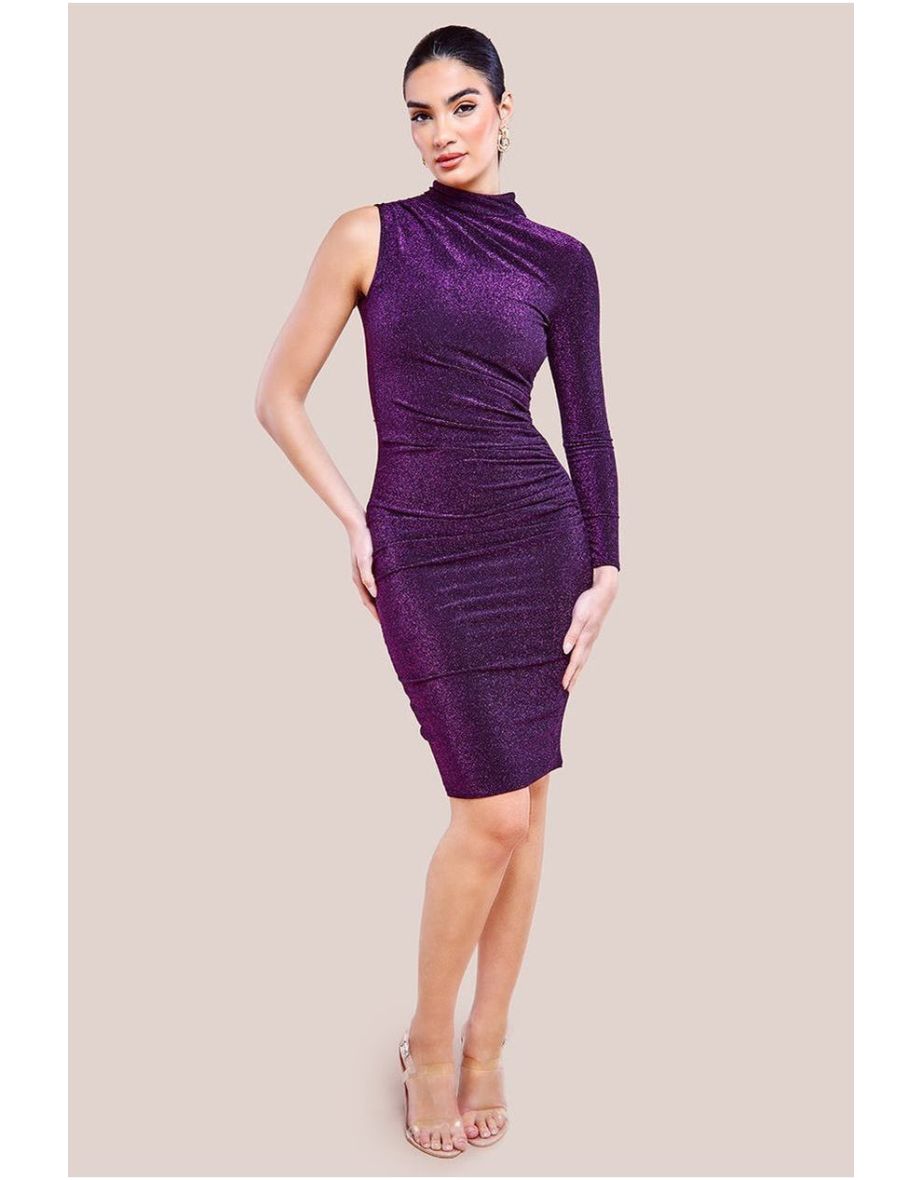 Goddiva Open Back One Sleeve Lurex Midi - Purple