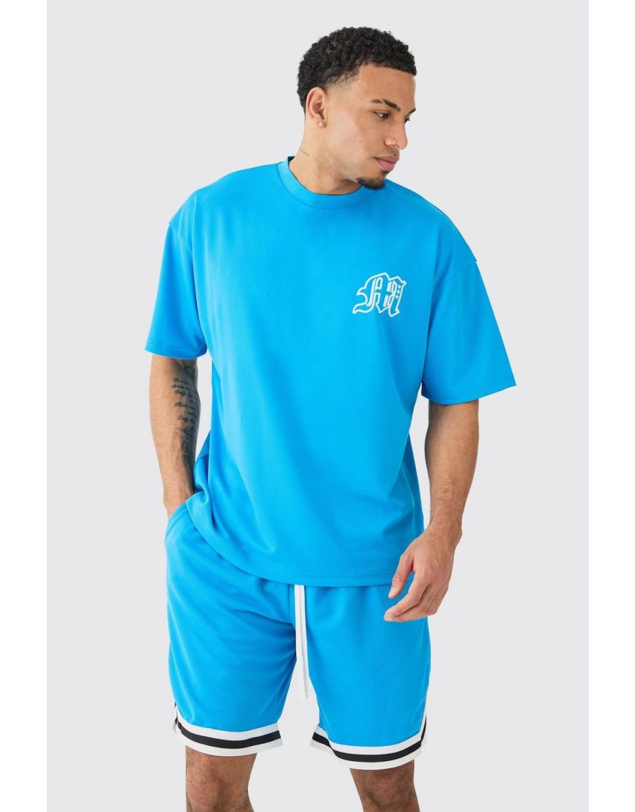 Oversized Man Mesh Varsity Top And Basketball Shorts Set - teal