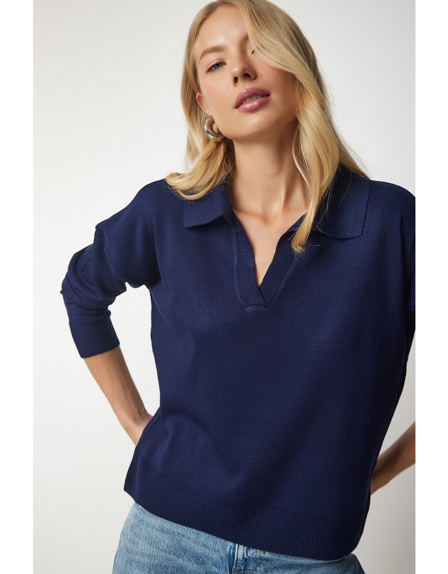 Women's Navy Blue Polo Collar Basic Sweater