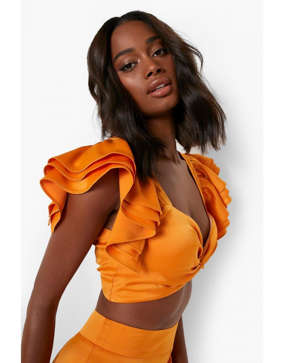Occasion Matte Satin Ruffle Detail Crop Top - burnt orange
