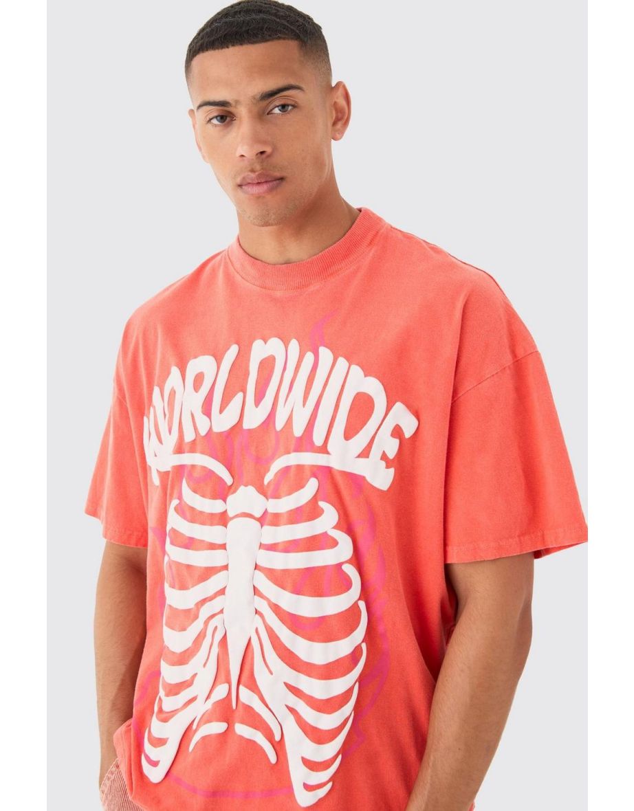 Oversized Boxy Fit Washed Extended Neck Rib Cage Print T-shirt - red - 2