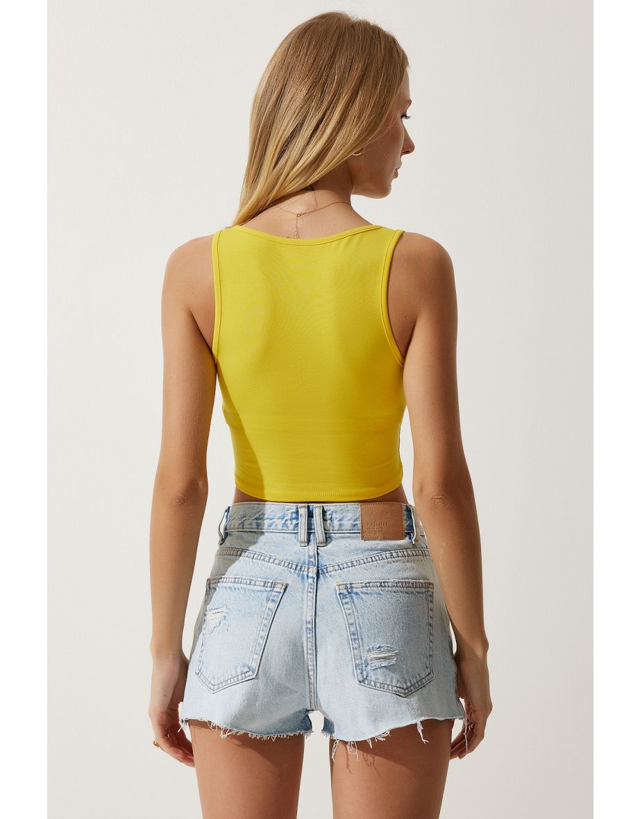 Women's Yellow Strap Crop Knitted Blouse - 5