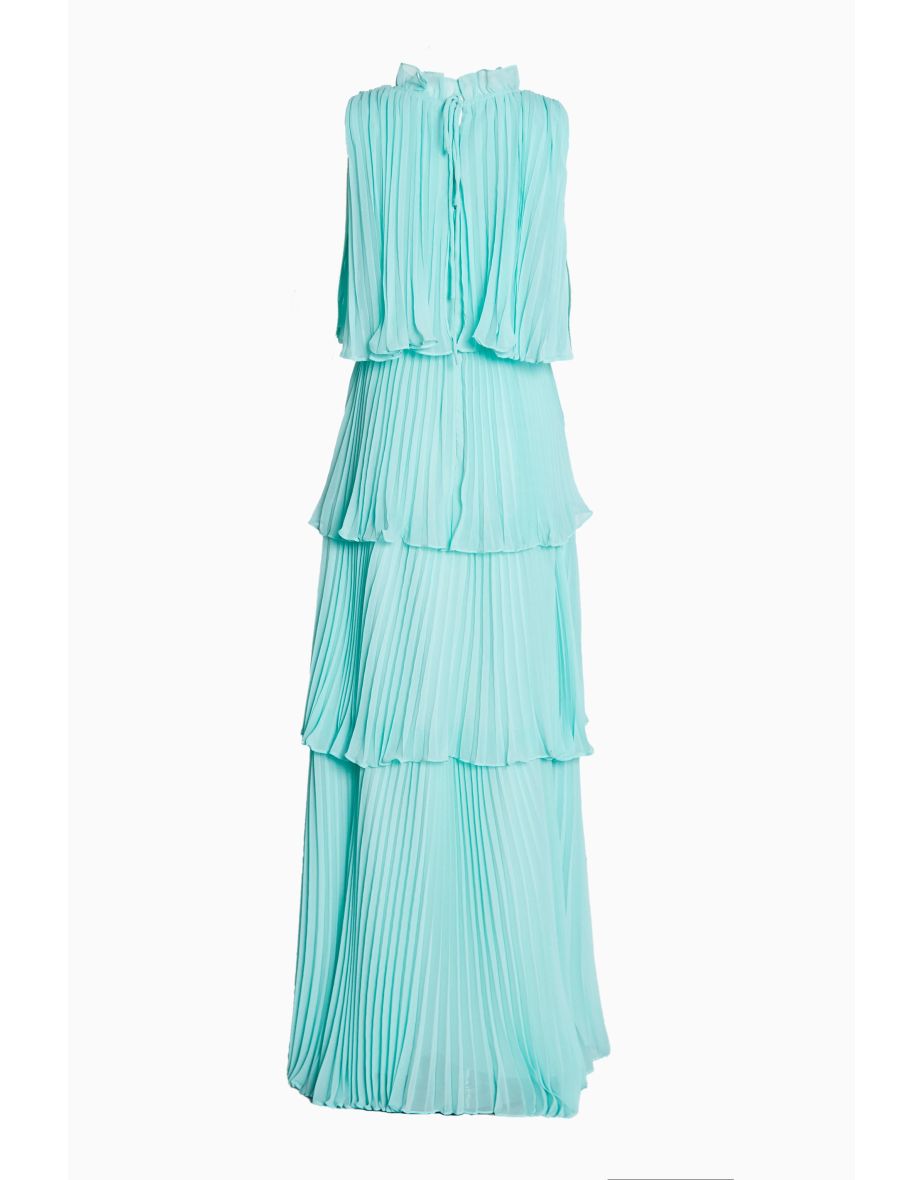Tara Aqua Tiered Pleated Maxi Dress with High Ruffle Neck - 3