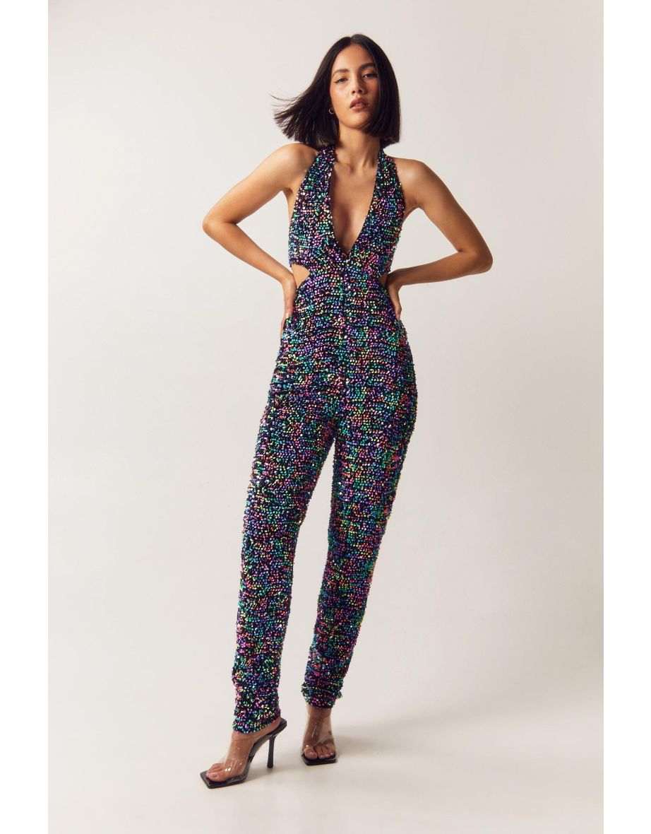 Neon Sequin Velvet Cut Out Halter Jumpsuit