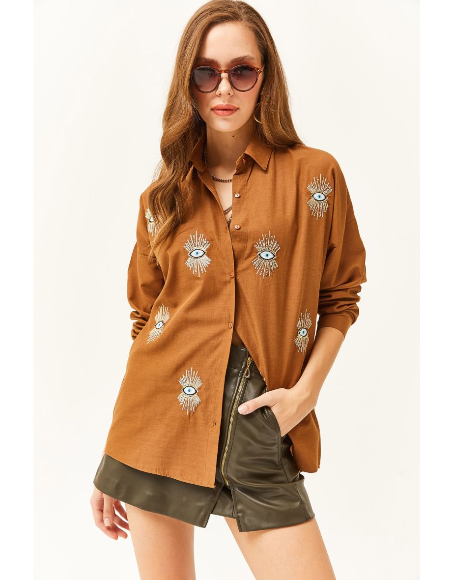 Women's Brown Sequin Detailed Woven Boyfriend Shirt