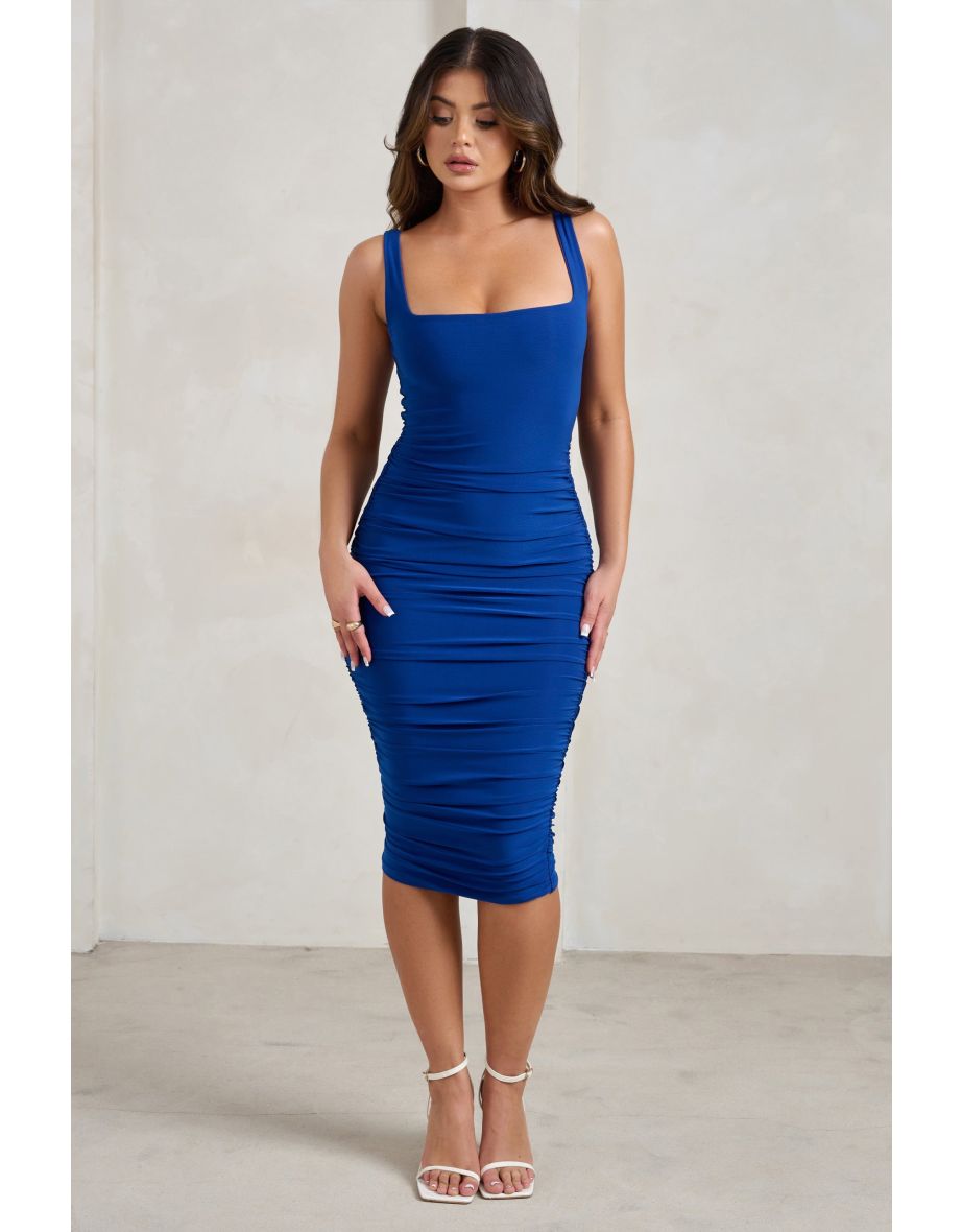Lisbon | Cobalt Blue Square Neck Ruched Midi Dress - 4