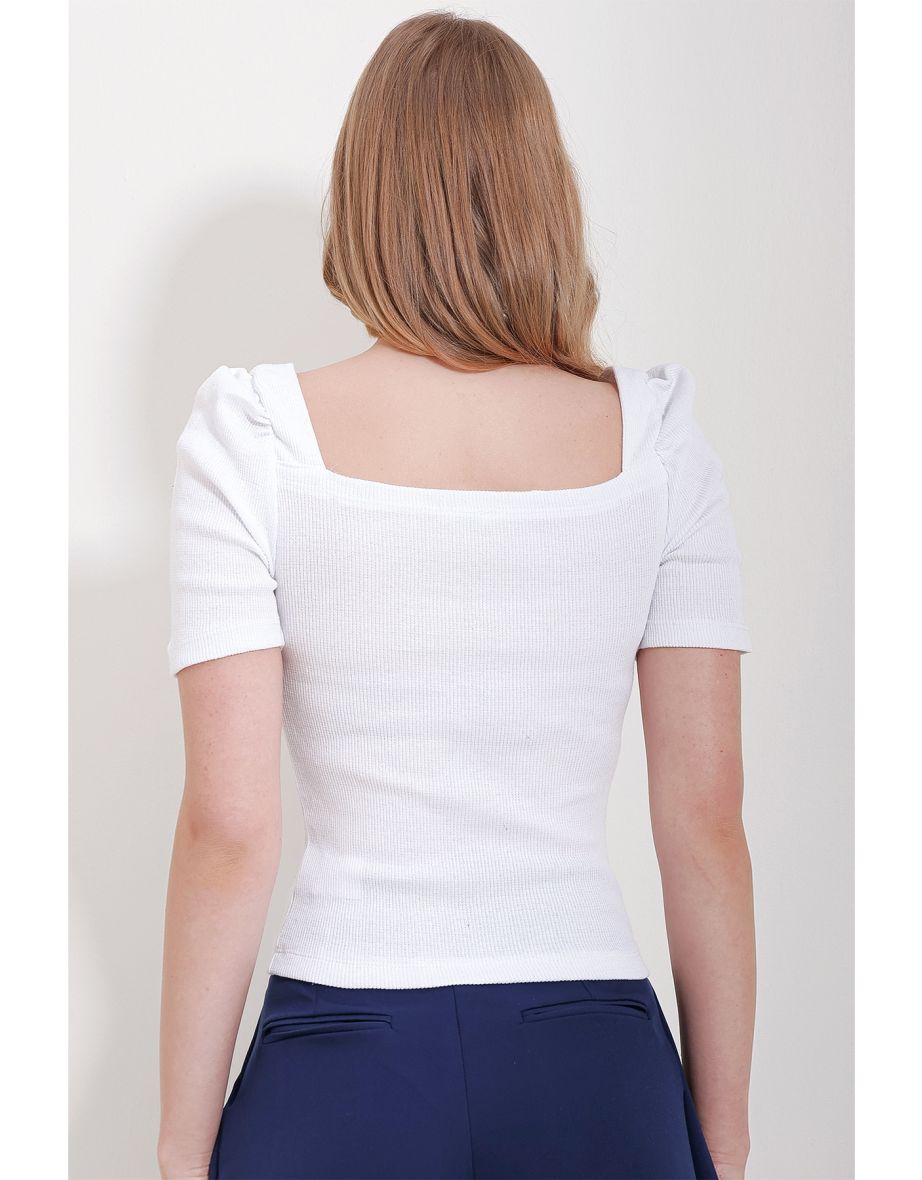 Women's White Square Neck Princess Sleeve Regular Fit Blouse - 4