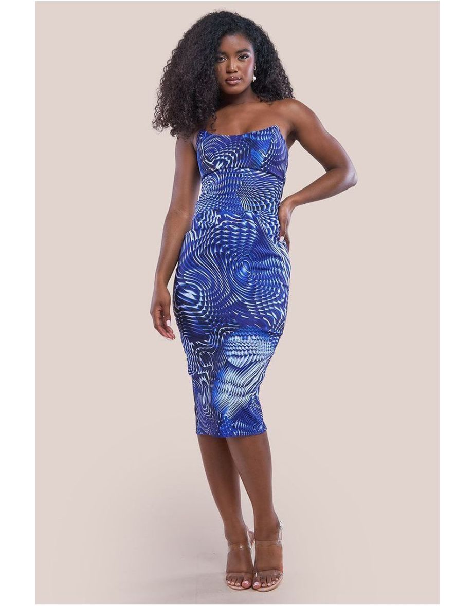 Goddiva Abstract Bandeau Bodycon Midi Dress - Royalblue