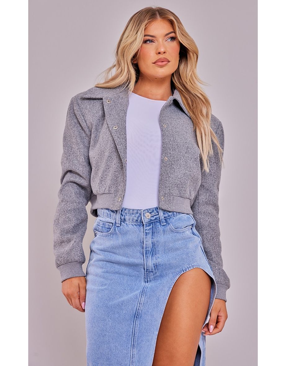 Grey Shoulder Padded Wool Look Cropped Bomber Jacket