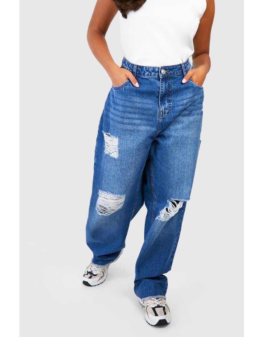 Plus Rip Knee Straight Leg Jeans - mid wash - 3