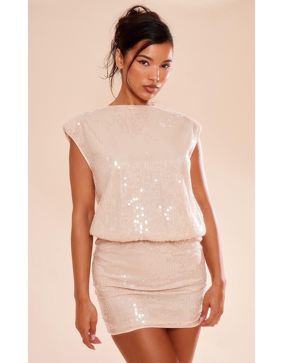 Nude Sequin Shoulder Pad Sleeveless Bodycon Dress