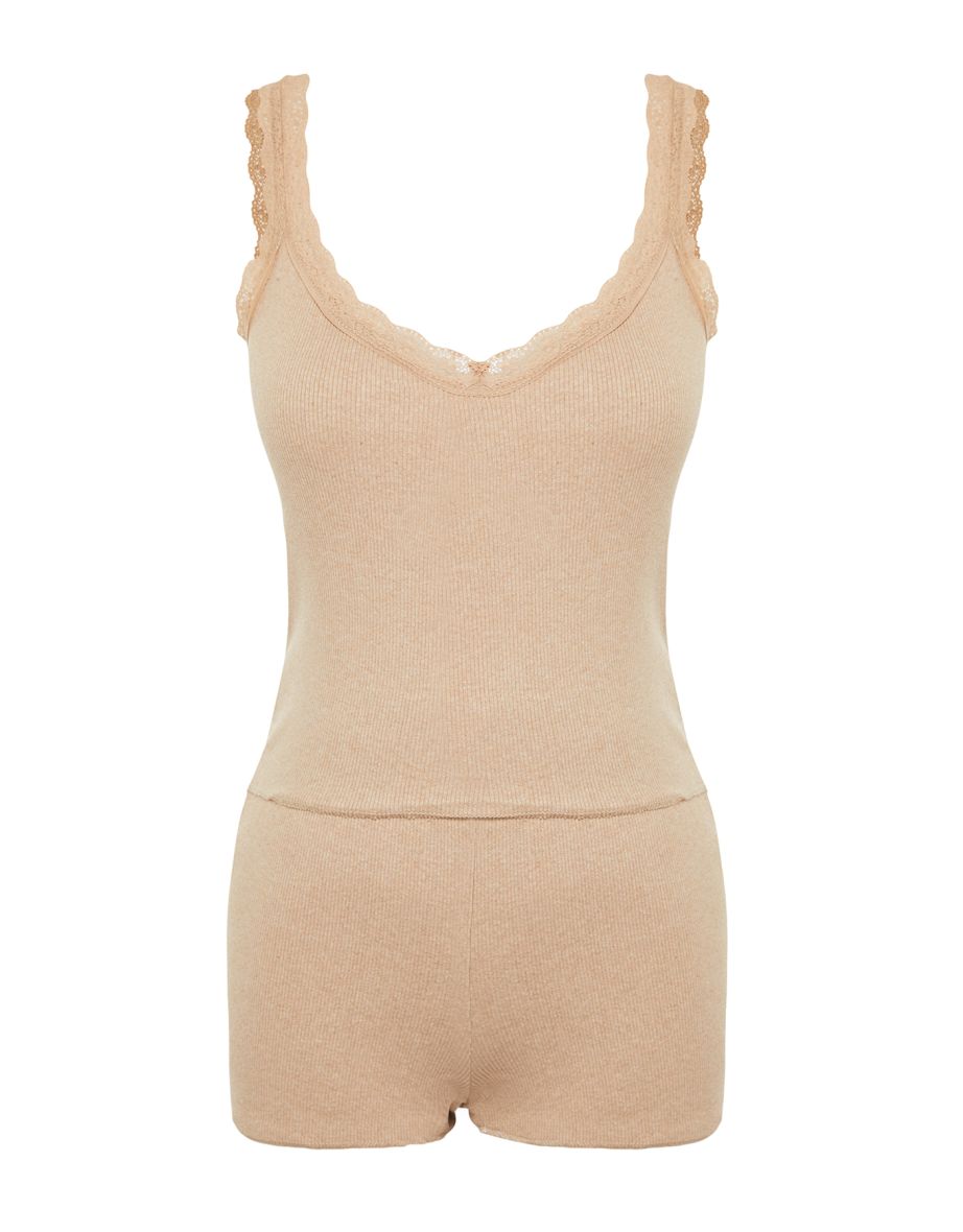 Beige Ribbed Cotton Singlet-Short Knitted Pajamas Set - 7