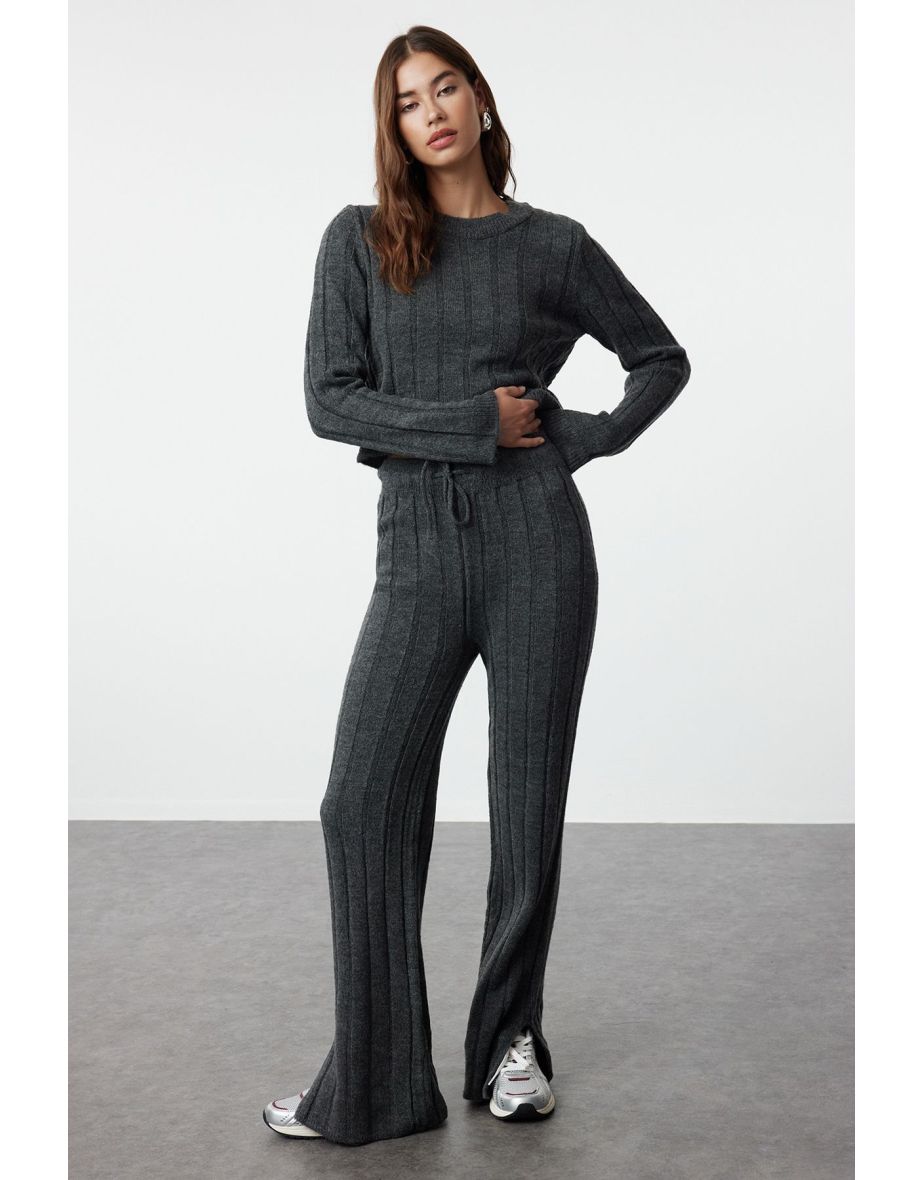 Anthracite Crop Sweater-Pants Knitwear Top-Bottom Set