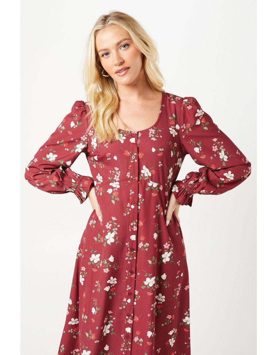 Berry Floral Scoop Neck Shirt Dress - 3