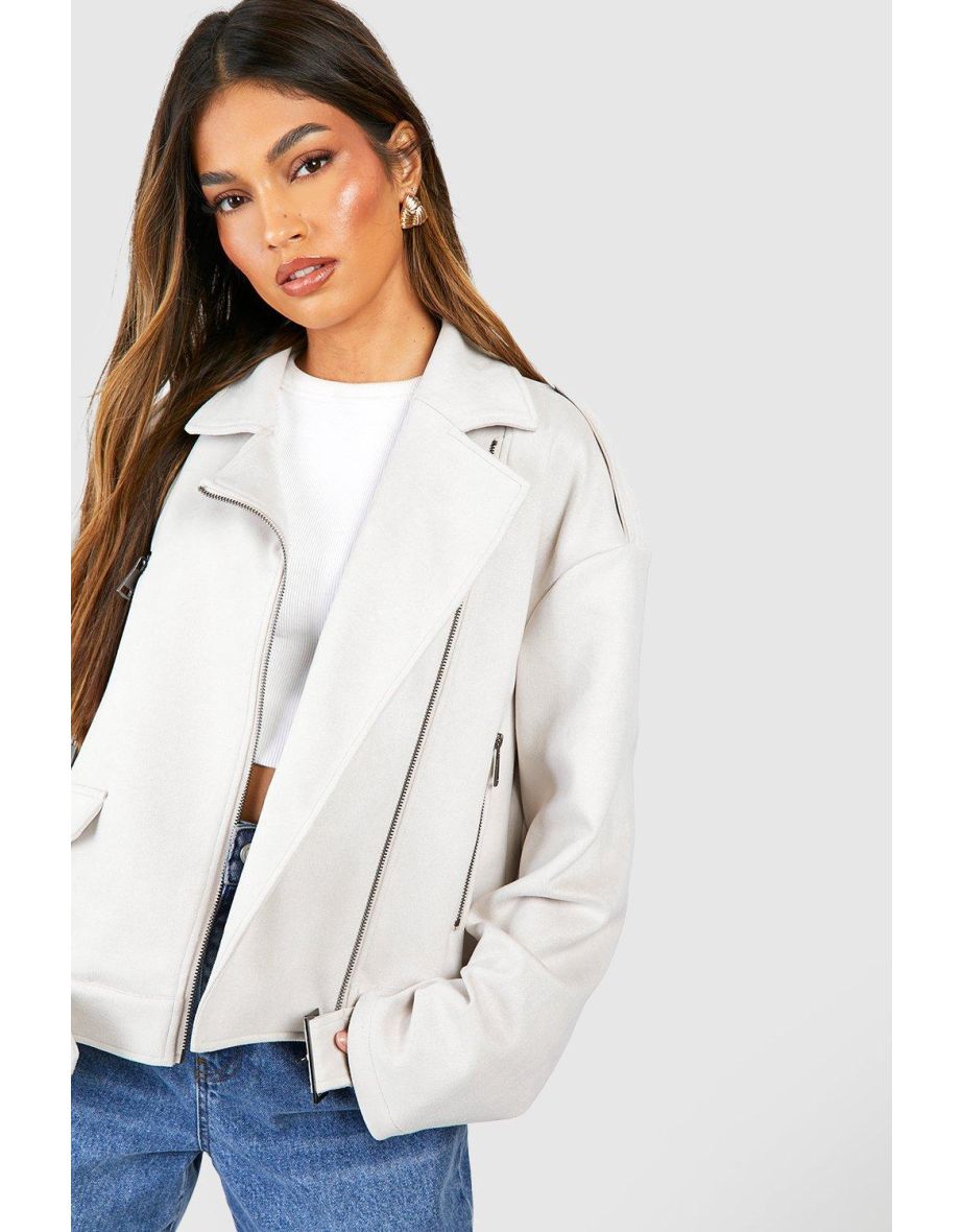Oversized Faux Suede Biker Jacket - stone - 3