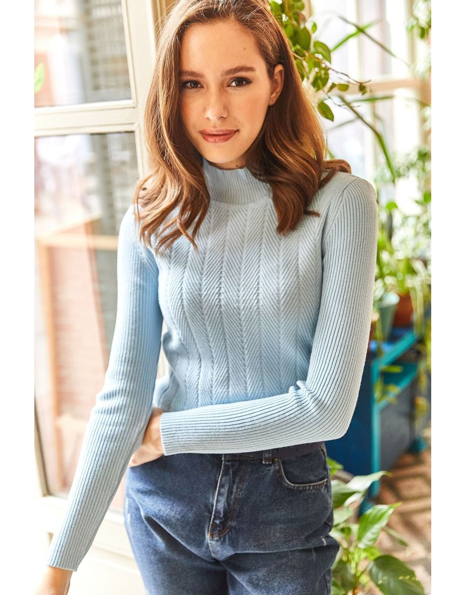 Women's Baby Blue Half Turtleneck Zigzag Textured Soft Knitwear Sweater