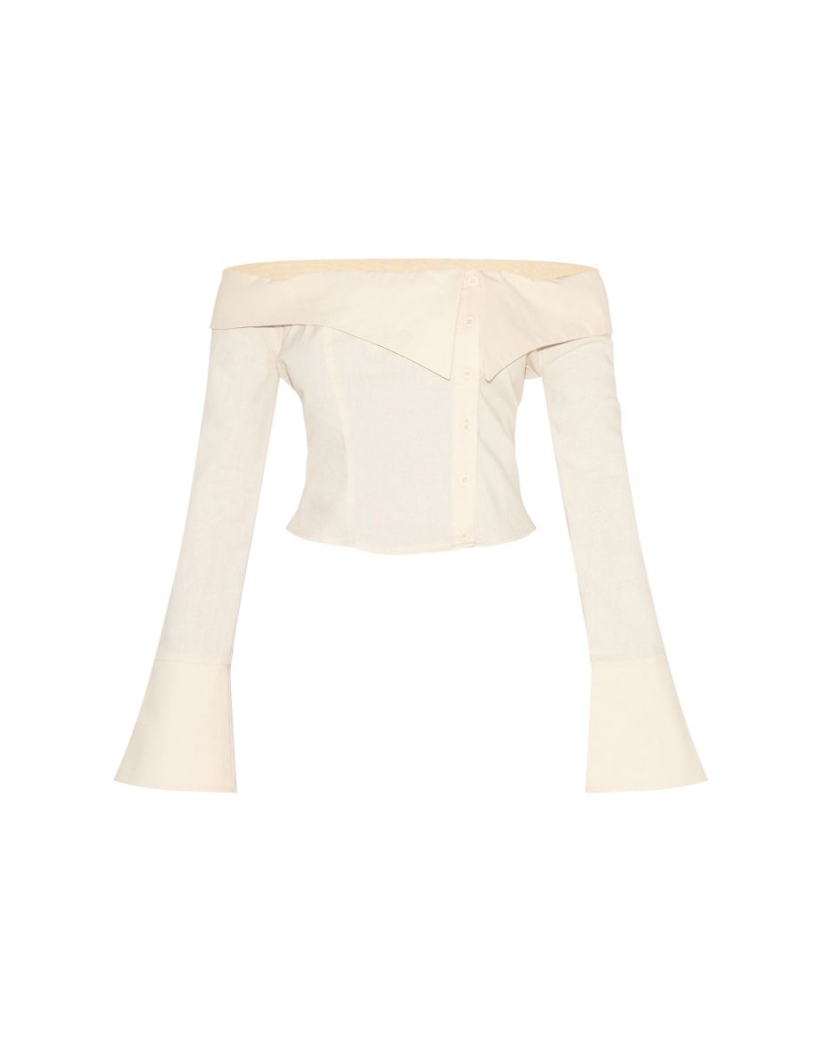 Butter Yellow Linen Blend Bardot Button Up Shirt - 4