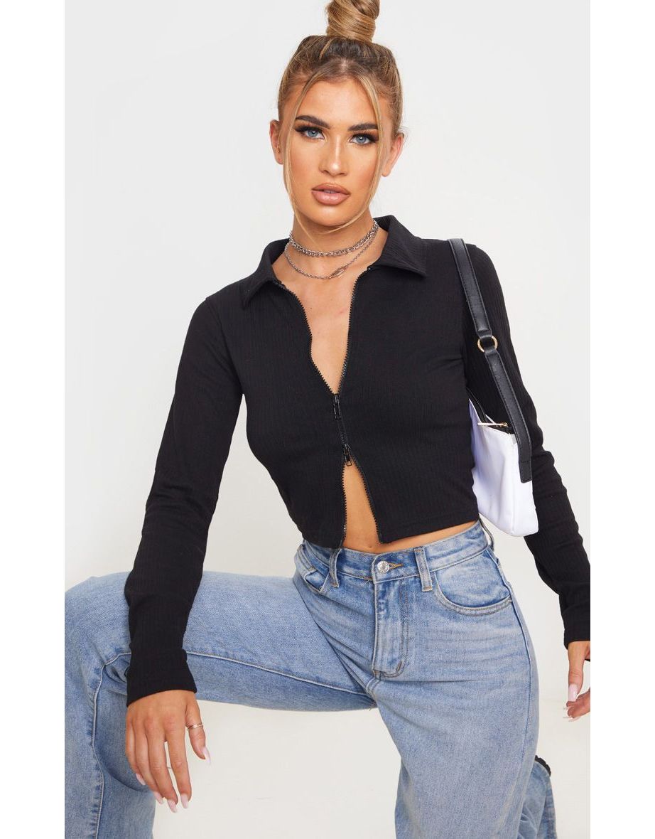 Black Jumbo Rib Collar Double Zip Top