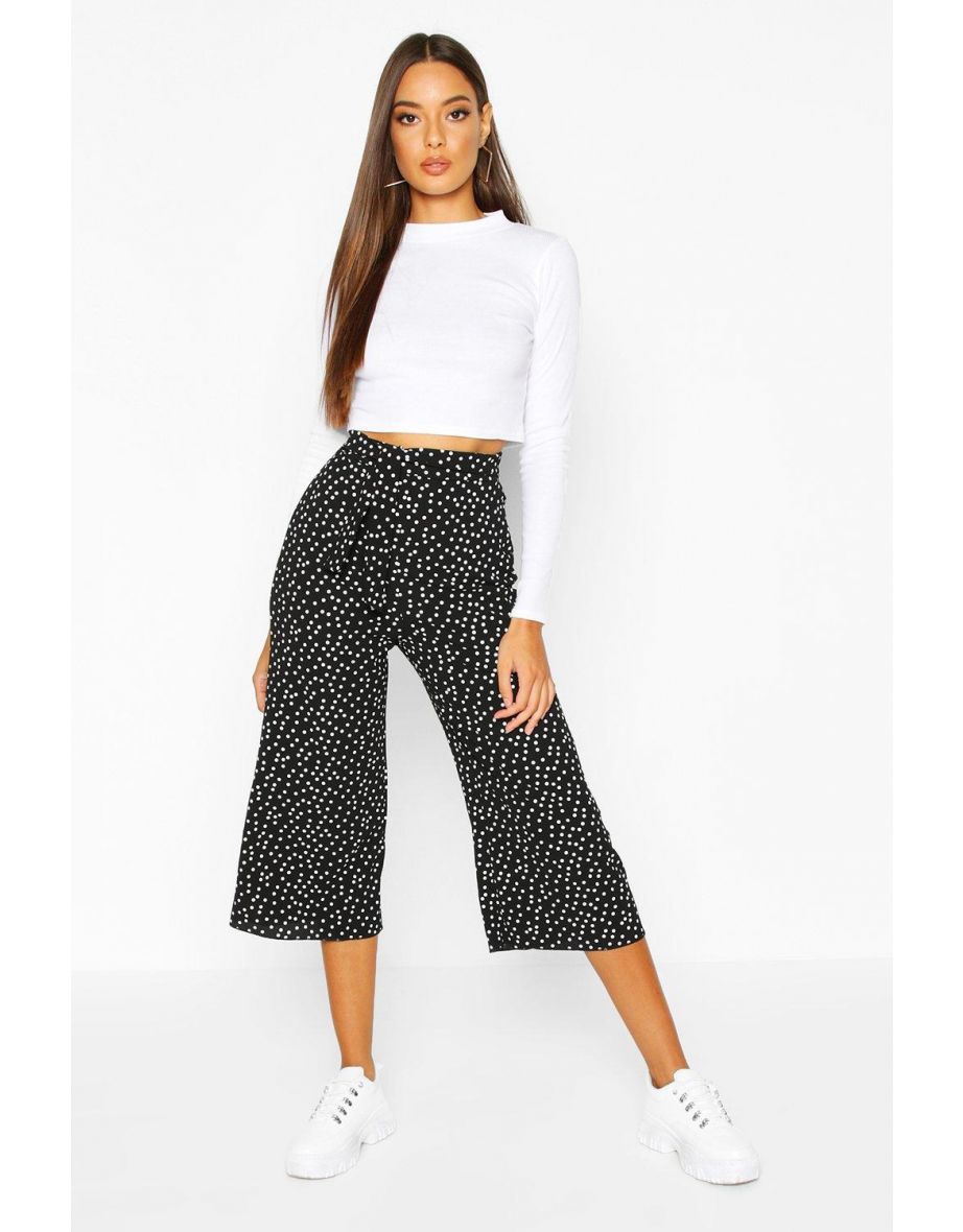 Belted Woven Polka Dot Culottes - black - 3