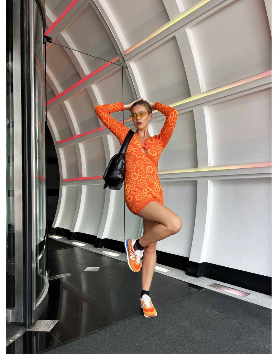 Glamorous Orange Tonal Flowers Knitted Mini Dress - 4