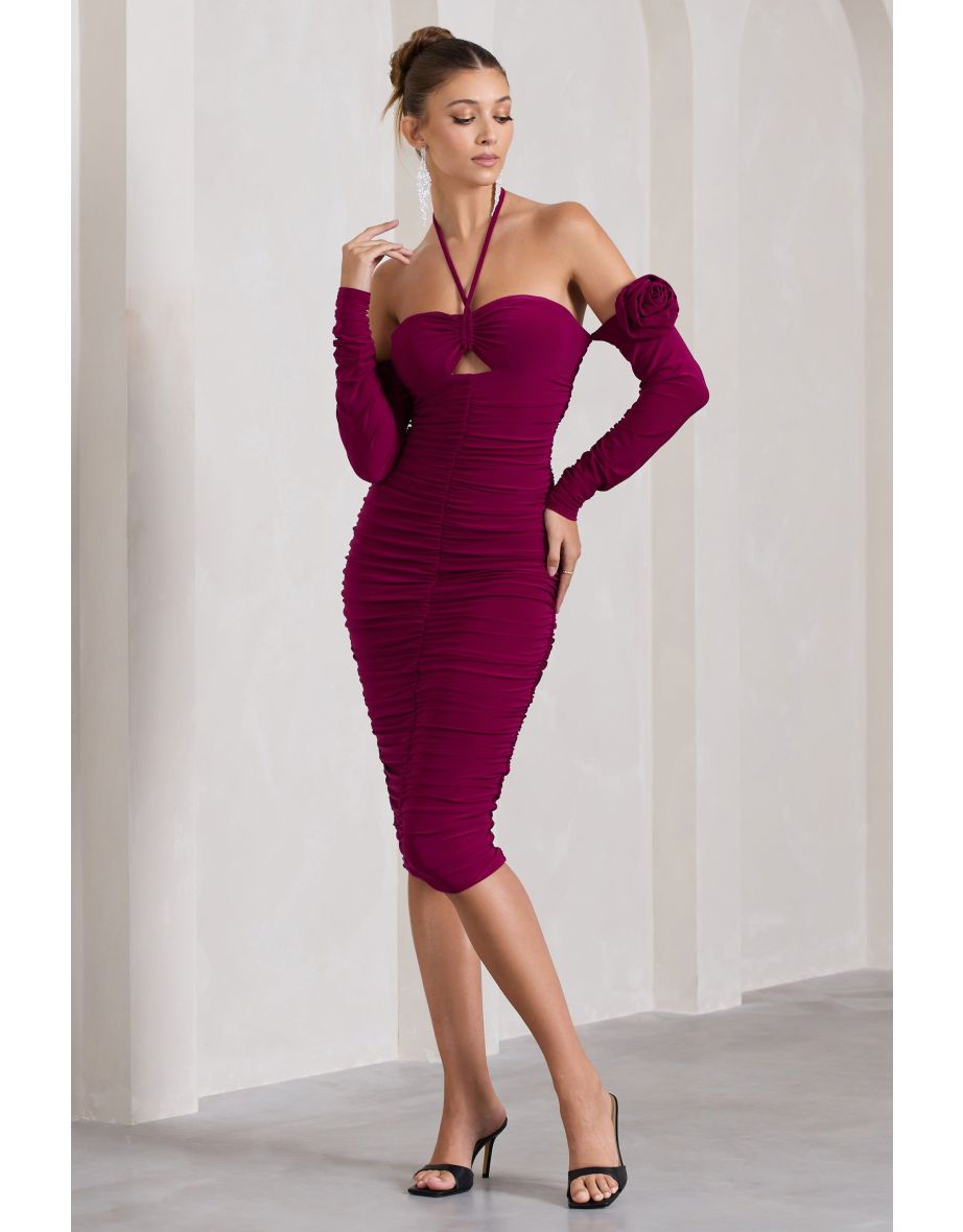 Extra Special | Dark Cherry Ruched Halter-Neck Midi Dress With Flowers - 4