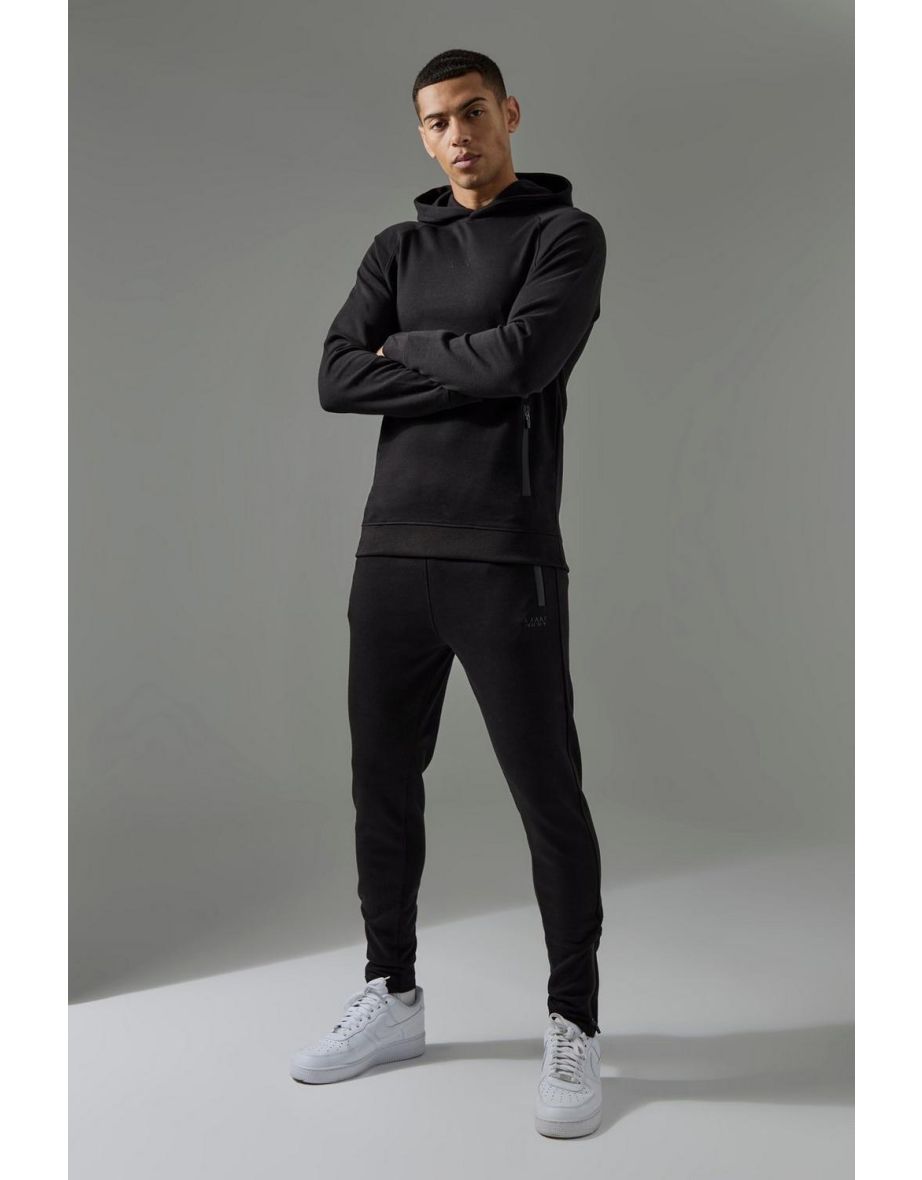Man Active Pro Fleece Hoodie & Skinny Fit Jogger Tracksuit - black