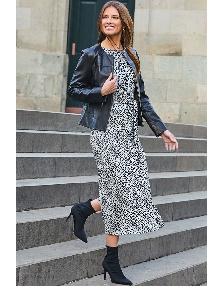 Grey Animal Print Tie Side Midi Dress