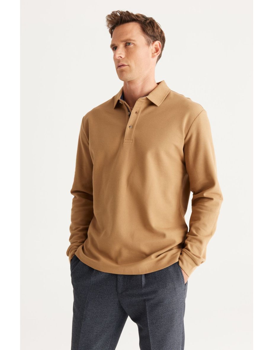 Men's Camel Slim Fit Narrow Cut Polo Neck 100% Cotton Honeycomb T-Shirt