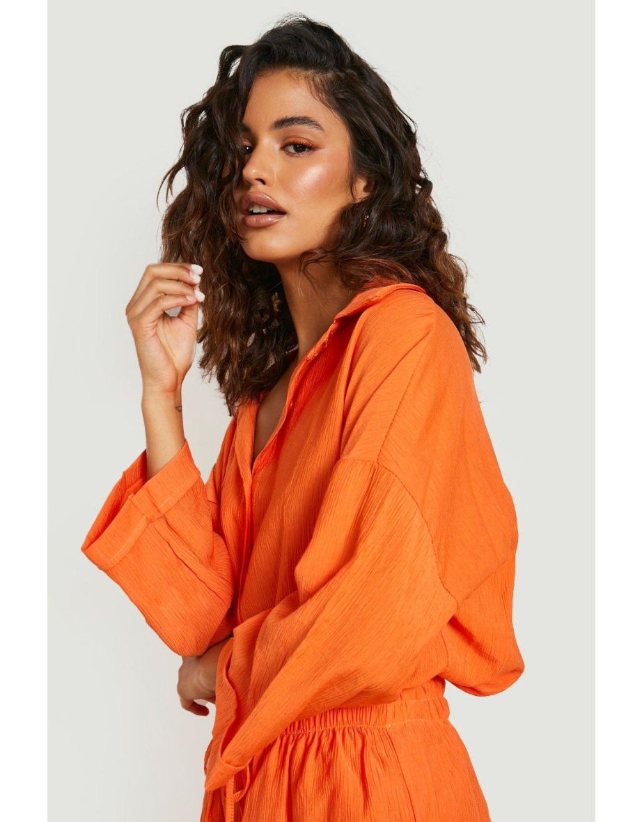 Textured Crinkle Oversized Shirt & Shorts Set - orange - 3