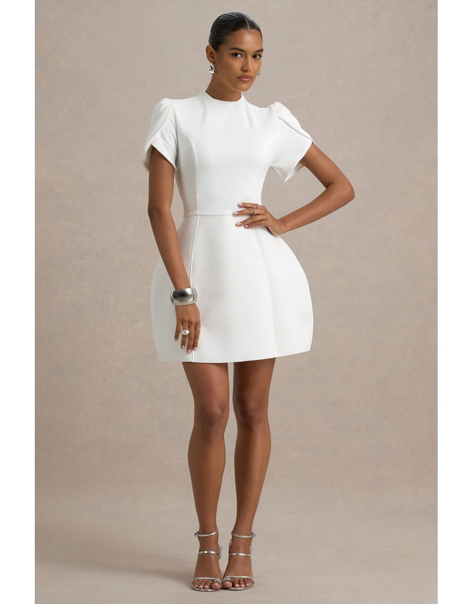 Carabella | White High-Neck Short-Sleeve Mini Dress