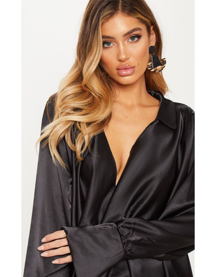 Black Extreme Cowl Longline Satin Shirt - 4