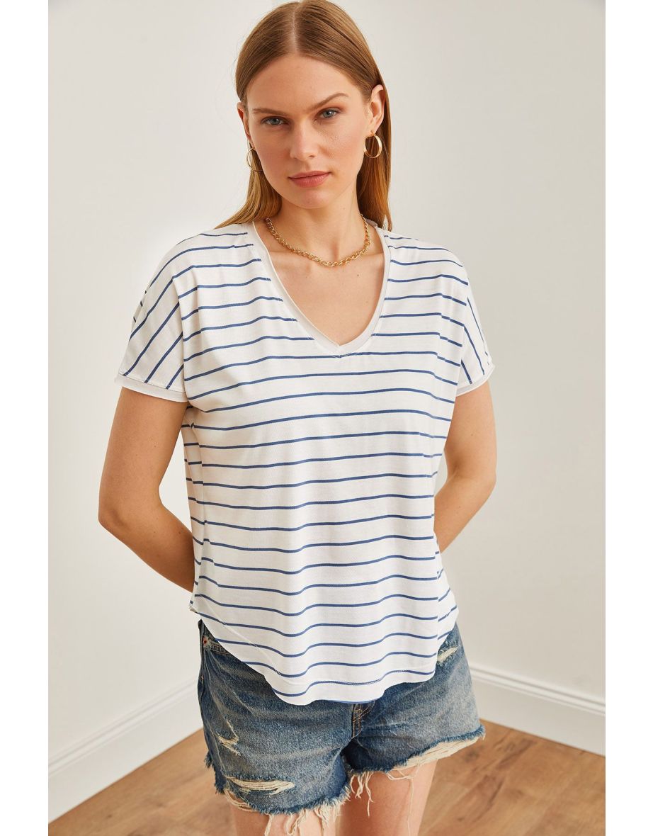 Women's Indigo V-Neck Striped Filthy Stitching Casual T-Shirt - 4