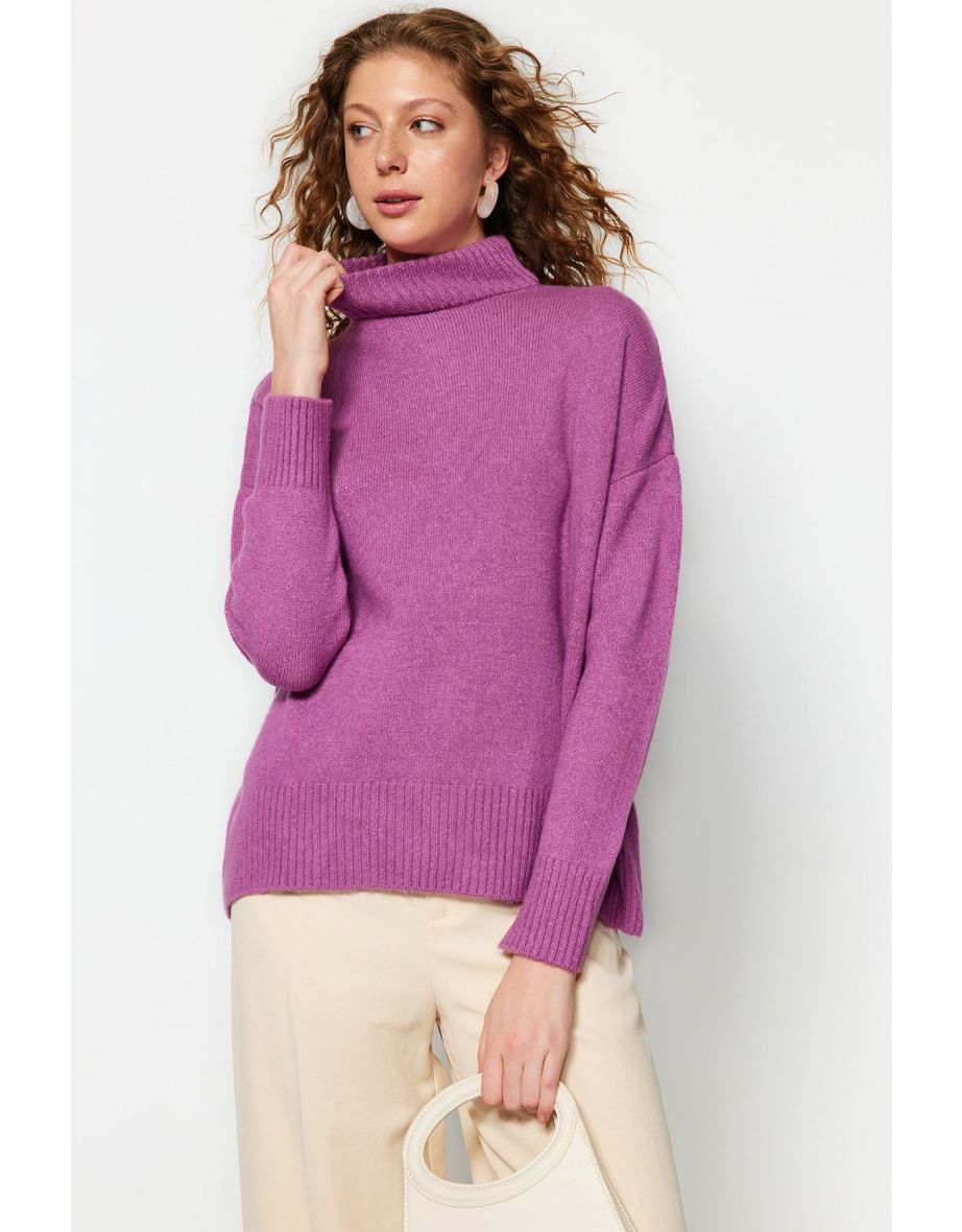 Purple Wide Fit Soft Textured Stand-Up Collar Knitwear Sweater