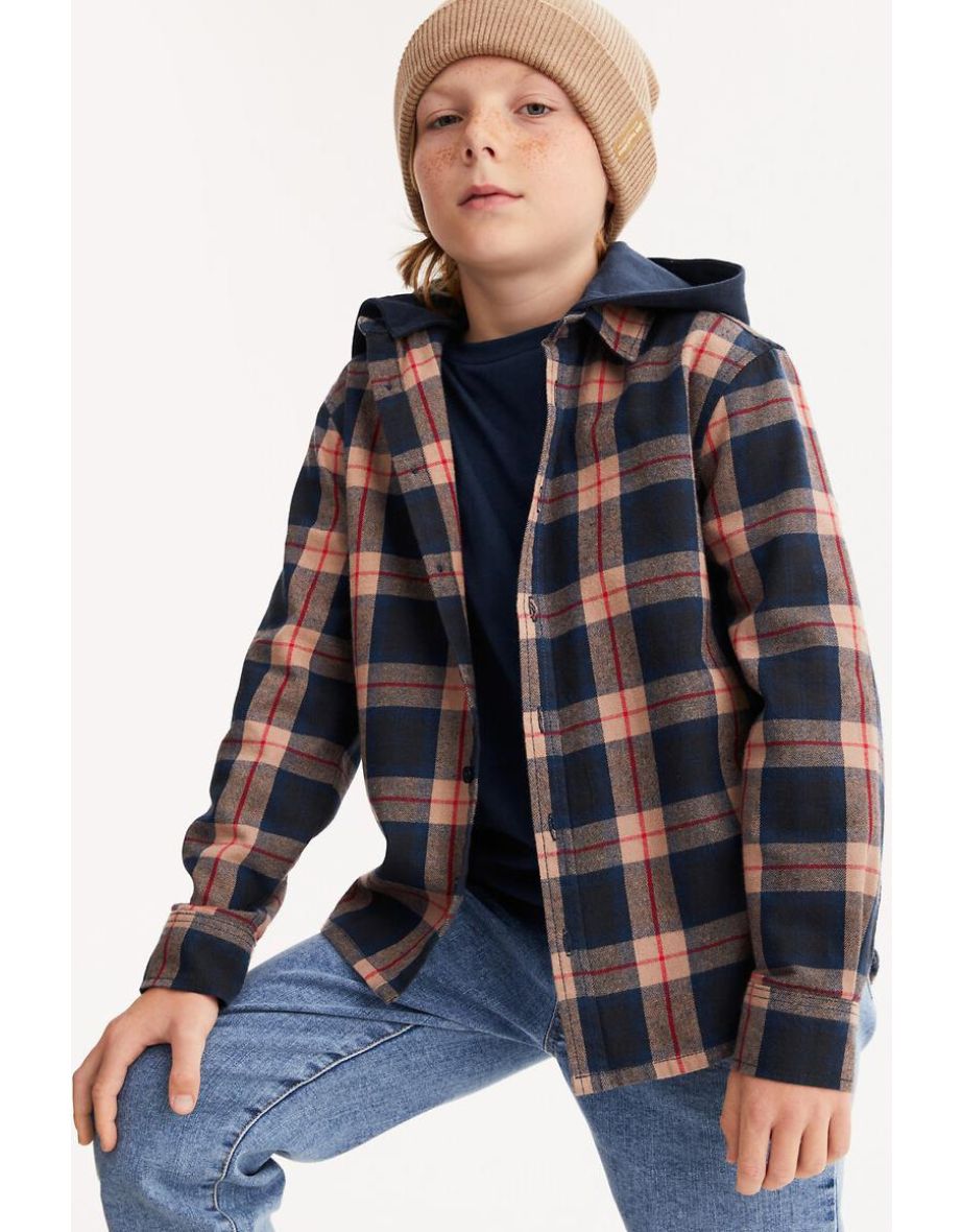 Checked Cotton Hooded Shirt with Long Sleeves