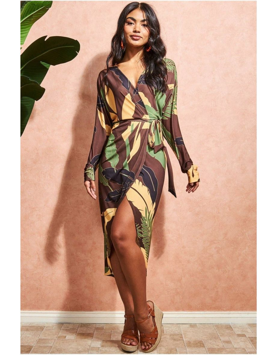 Goddiva Printed Batwing Wrap Midi Dress - Brown