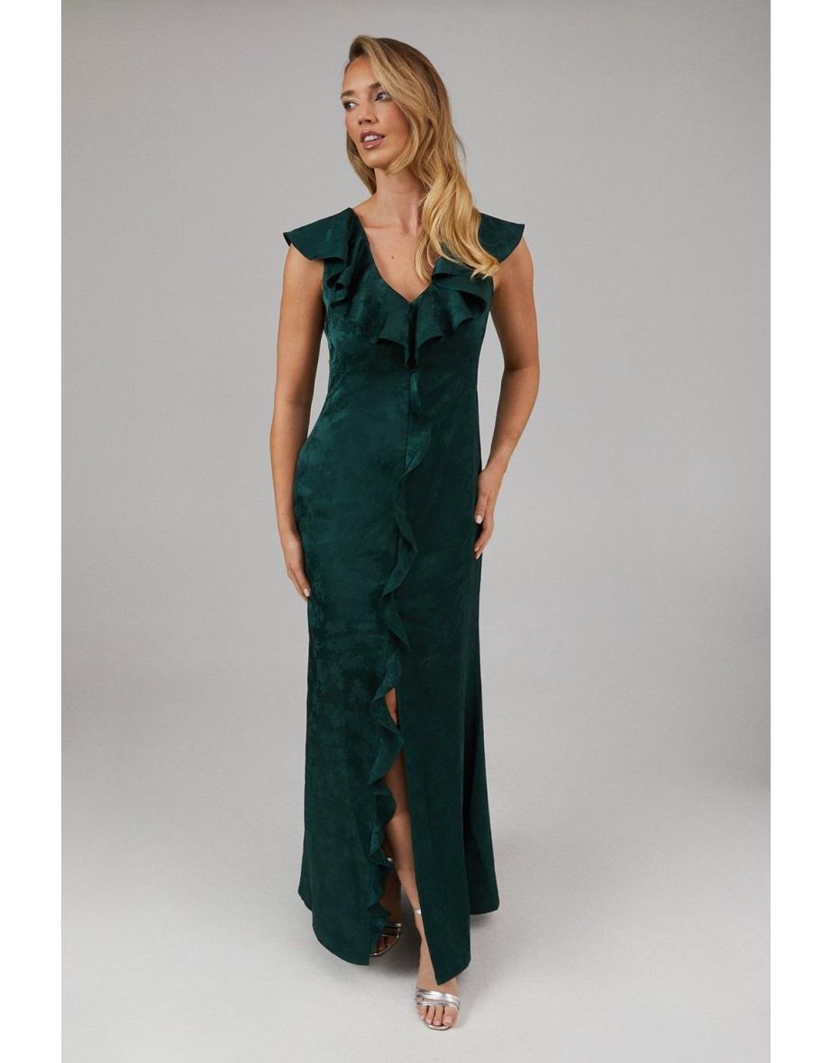 Satin Jacquard Ruffle V Neck Bridesmaids Dress