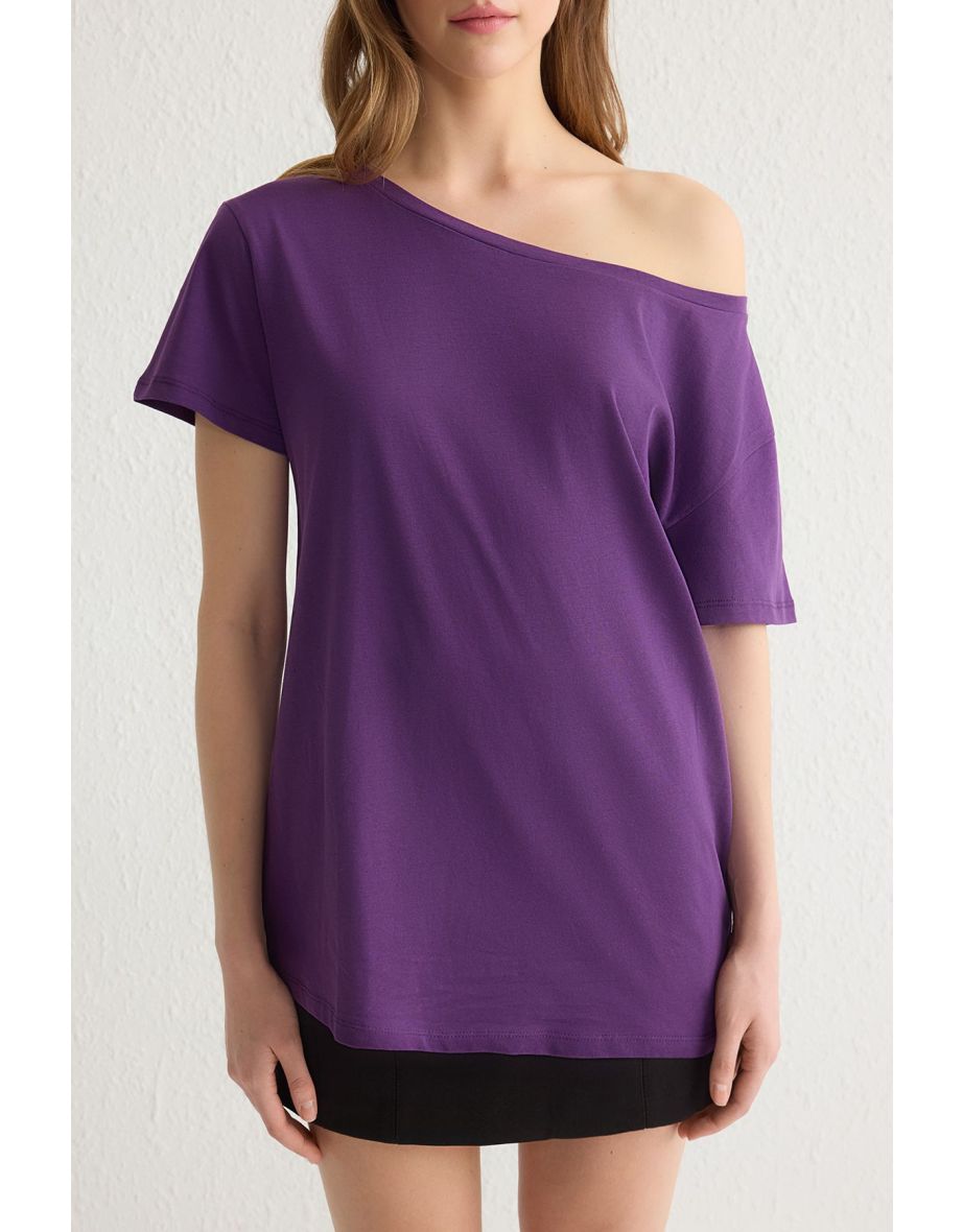 Purple 100% Cotton Boyfriend Boat Neck Knitted T-Shirt - 4