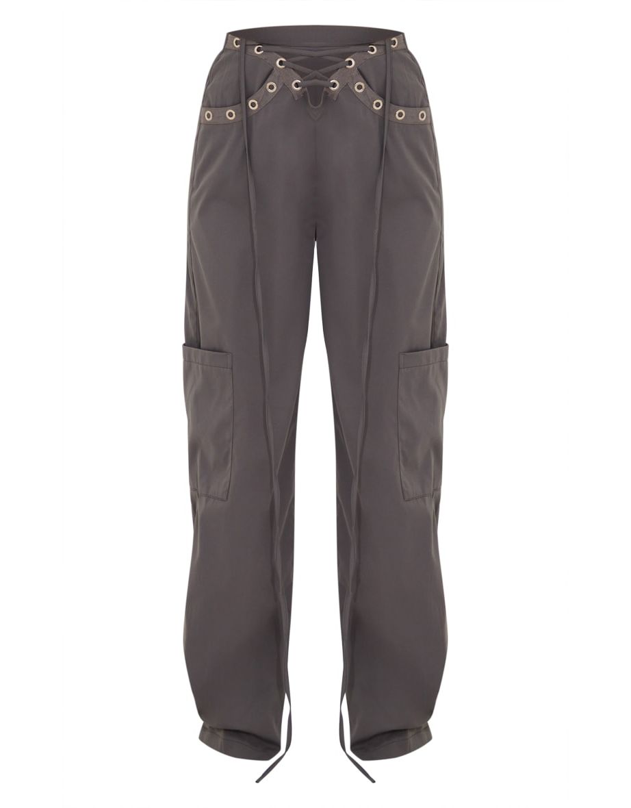 Plus Dark Grey Lace Up Detail Straight Leg Cargo Trousers - 4