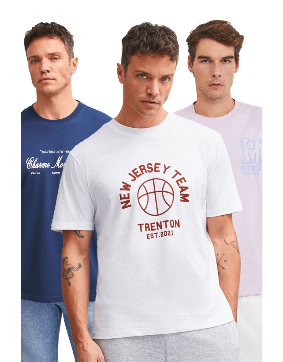 Forrest Men's 3-Pack 100% Organic Cotton Regular Fit Thick Textured Crew Neck Navy/Ecru/PMB T-shirt