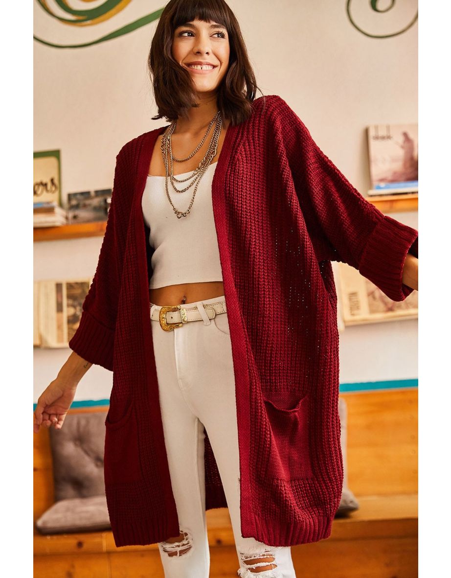 Women's Burgundy Folded Sleeve Loose Knitwear Cardigan With Pocket