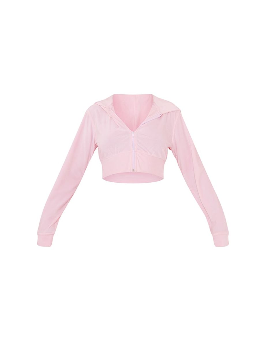 Baby Pink Velour Cropped Hoodie - 4