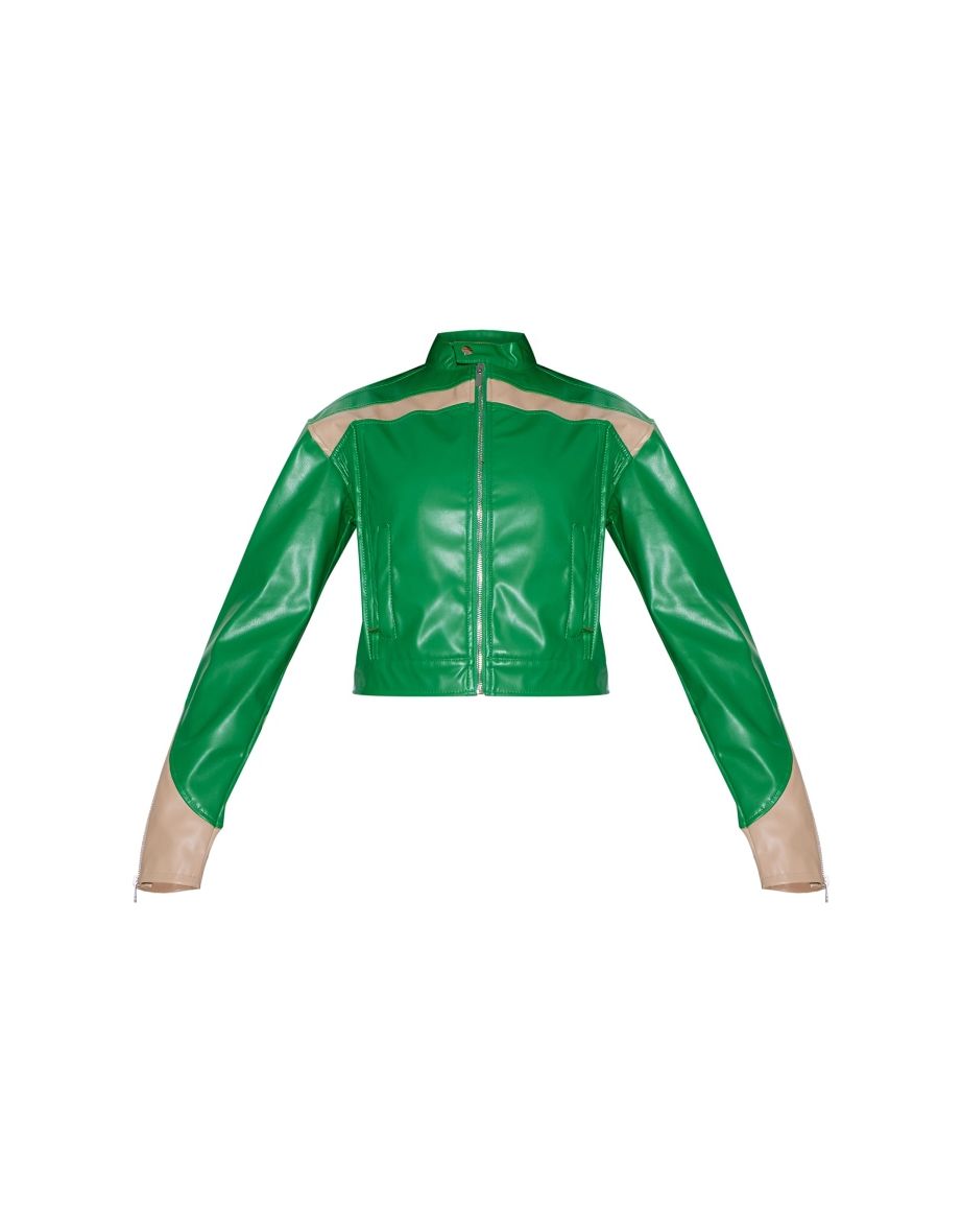 Green PU Racer Neck Pleated Detail Jacket - 4