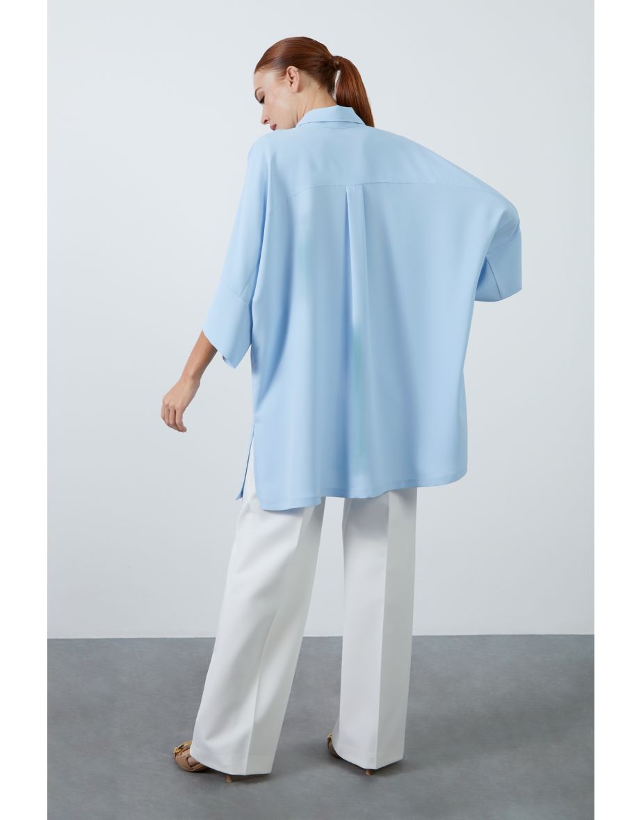Blue Dress with Double Collar and Metal Buttons with Side Slits - 2