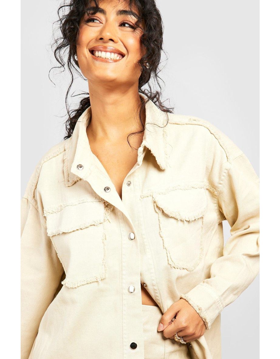 Fray Detail Denim Shacket - beige - 3