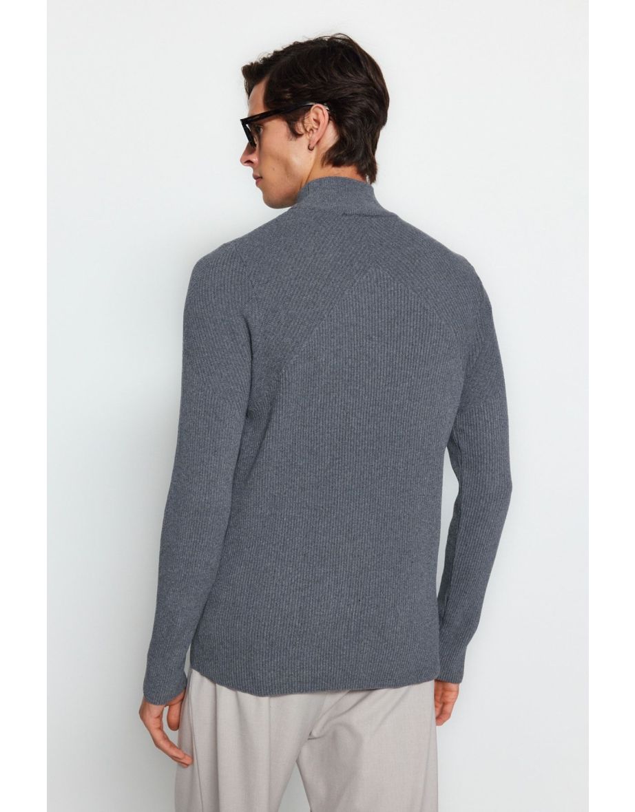 Dark Gray Fitted Slim Fit Half Turtleneck Corduroy Knitwear Sweater - 7