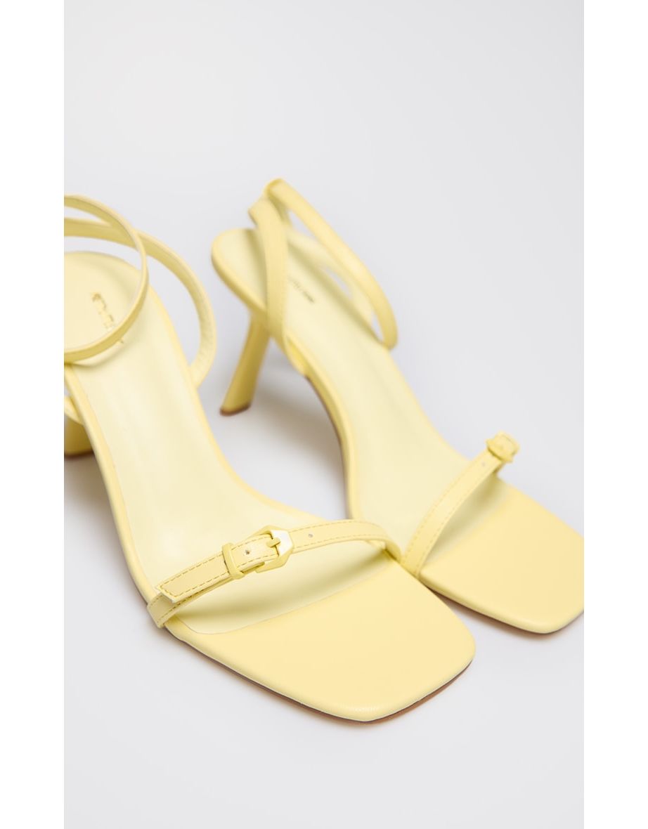 Yellow PU Square Toe Barely There Buckle Heeled Sandals - 3