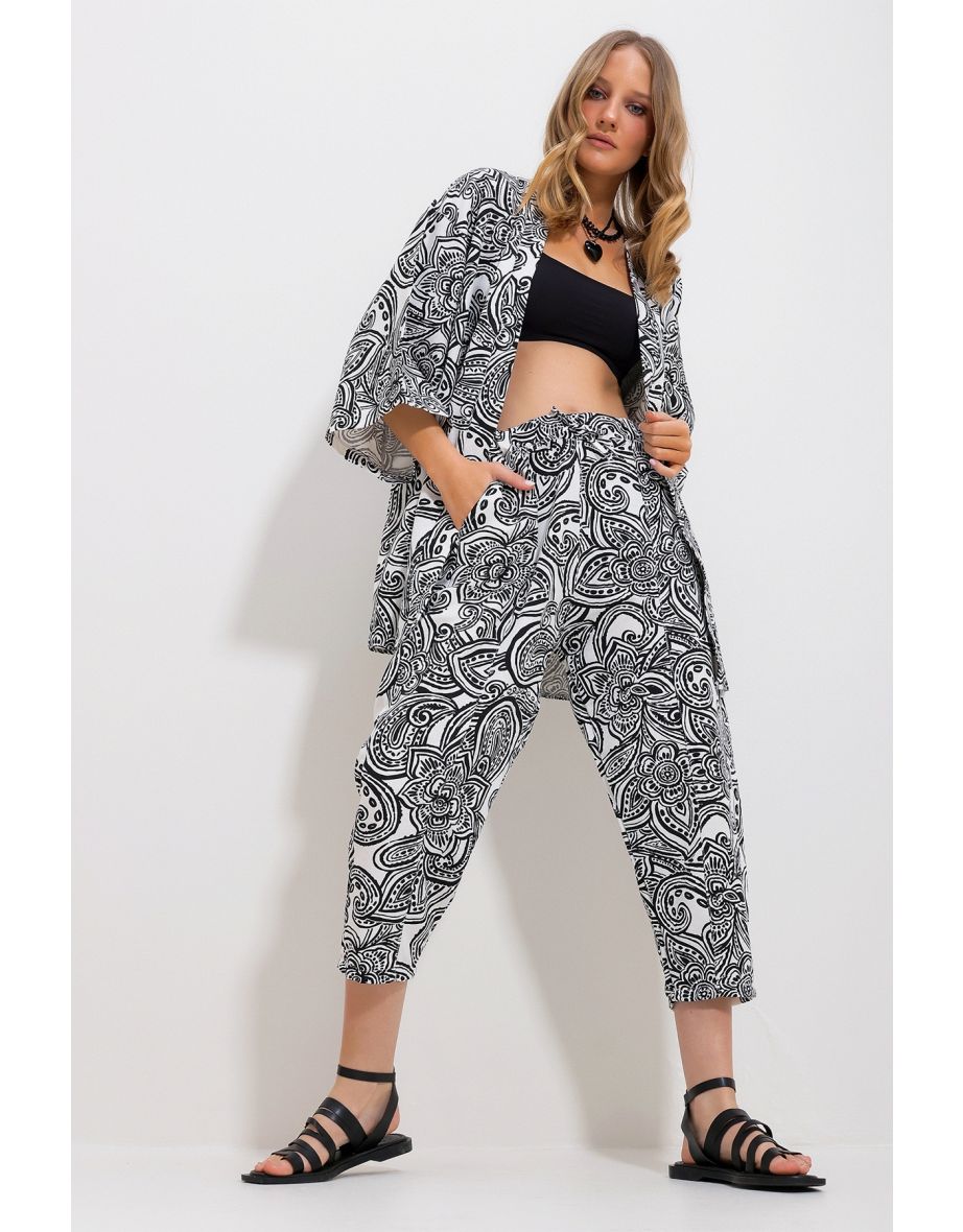 Women's Black Patterned Kimono With Jacket And Trousers Linen Woven Bottom Top Suit